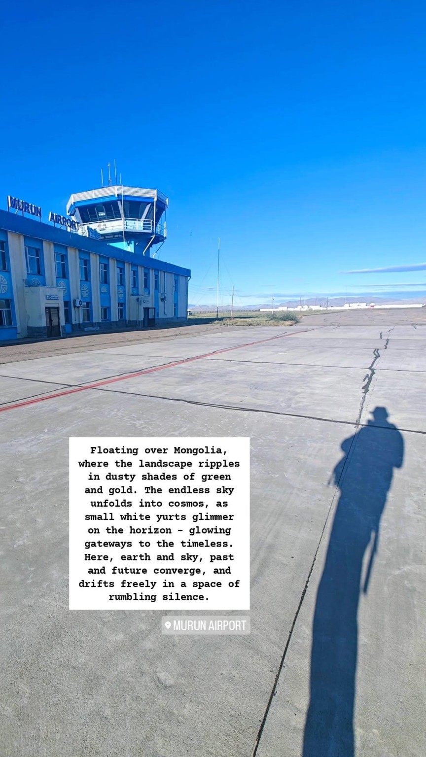 Murun Airport beneath an open blue sky with a travel text overlay.